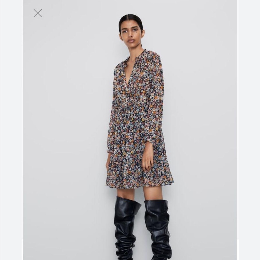 Zara floral print black chiffon dress